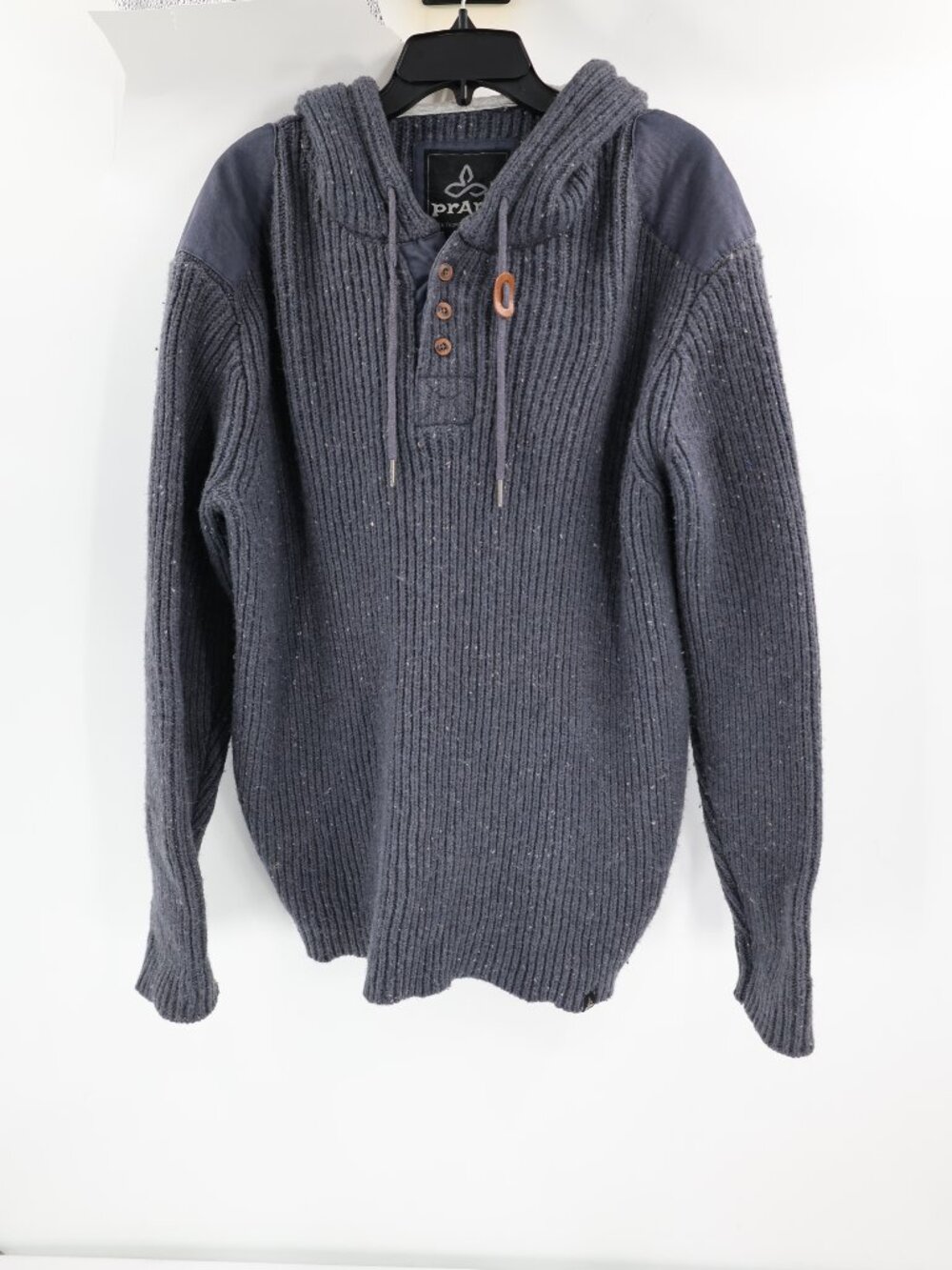 PrAna Sweater mens 2XL rib Knit Chunky Pullover Henley lambs Wool blend Hooded